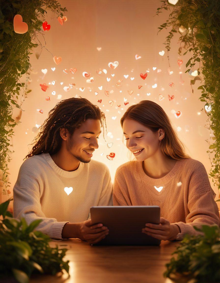 A serene scene depicting two people connecting through their devices, surrounded by floating hearts and digital symbols of affection. Soft, warm colors create a cozy atmosphere, with plants and soft lighting in the background symbolizing growth and intimacy. Their faces show joy and understanding, illustrating the depth of digital connections. whimsical style. warm tones. soft focus.