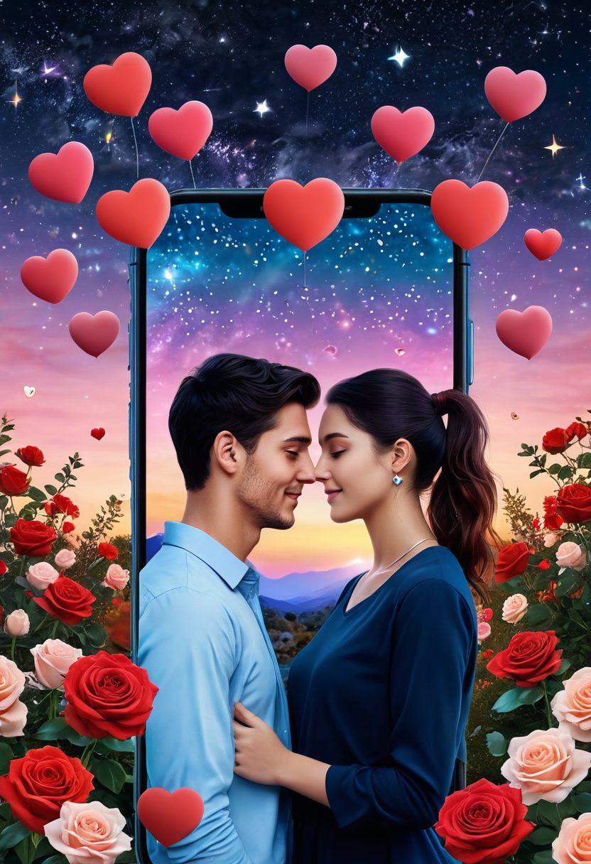 A serene digital landscape where hearts intertwine with social media icons, showcasing diverse couples connecting through video calls and messages. Surrounding them are elements of love like roses and starry skies, portraying warmth and intimacy. The scene captures the essence of modern romance, blending technology with heartfelt connections. super-realistic. vibrant colors. 3D.
