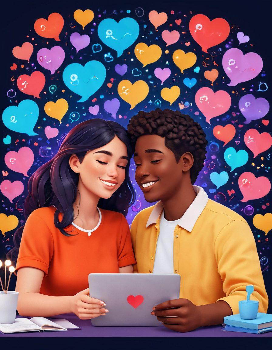 A visually striking digital illustration depicting a couple engaging in a heartfelt video call, surrounded by symbols of love such as heart emojis and glowing chat bubbles. The background features abstract representations of emotional connection, like intertwined vines and soft, warm lights. Include diverse characters to represent inclusivity in online romance. The overall mood should be warm and inviting, highlighting the deep emotional bonds formed online. super-realistic. vibrant colors. 3D.